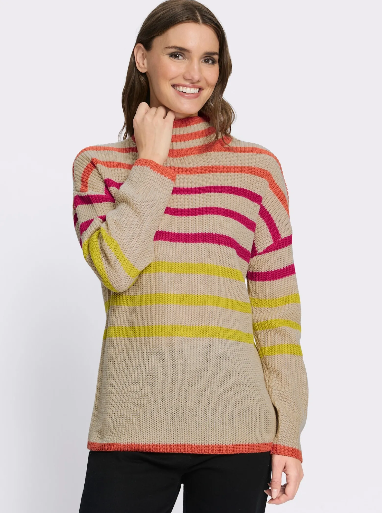 Stehkragenpullover mit Streifen in Leuchtfarben