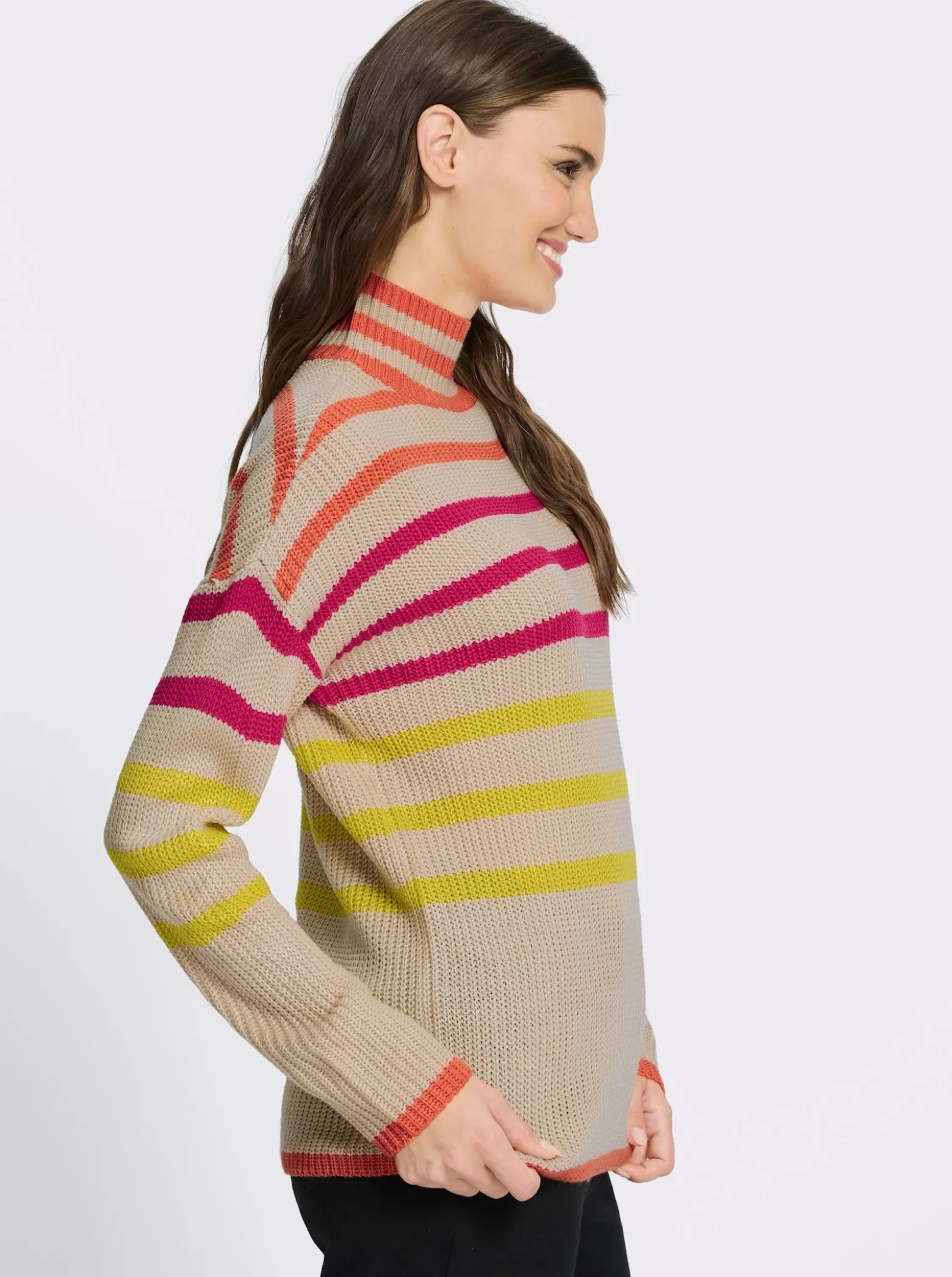 Stehkragenpullover mit Streifen in Leuchtfarben