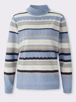 Stehkragenpullover mit Streifen-Muster und Ajour