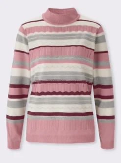 Stehkragenpullover mit Streifen-Muster und Ajour