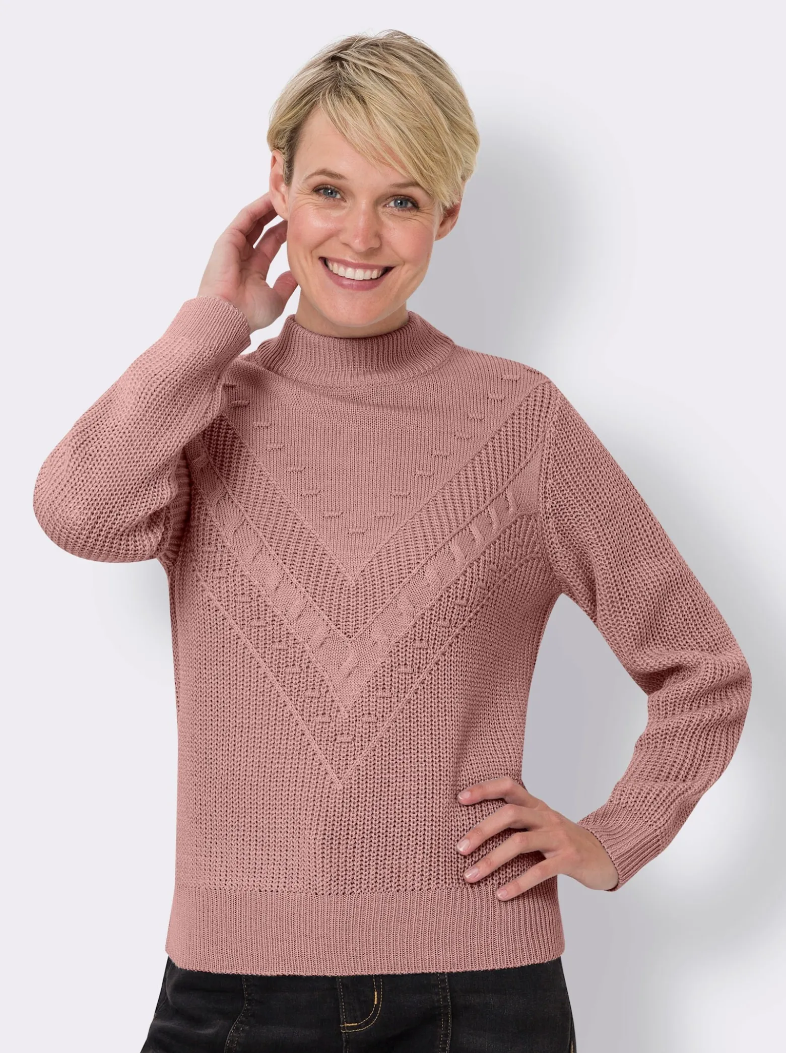 Stehkragenpullover mit Strickmuster vorne