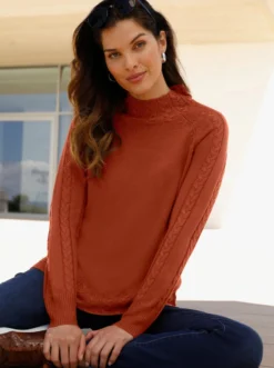 Stehkragenpullover mit Zopfstrick-Muster