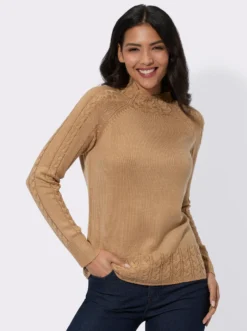 Stehkragenpullover mit Zopfstrick-Muster