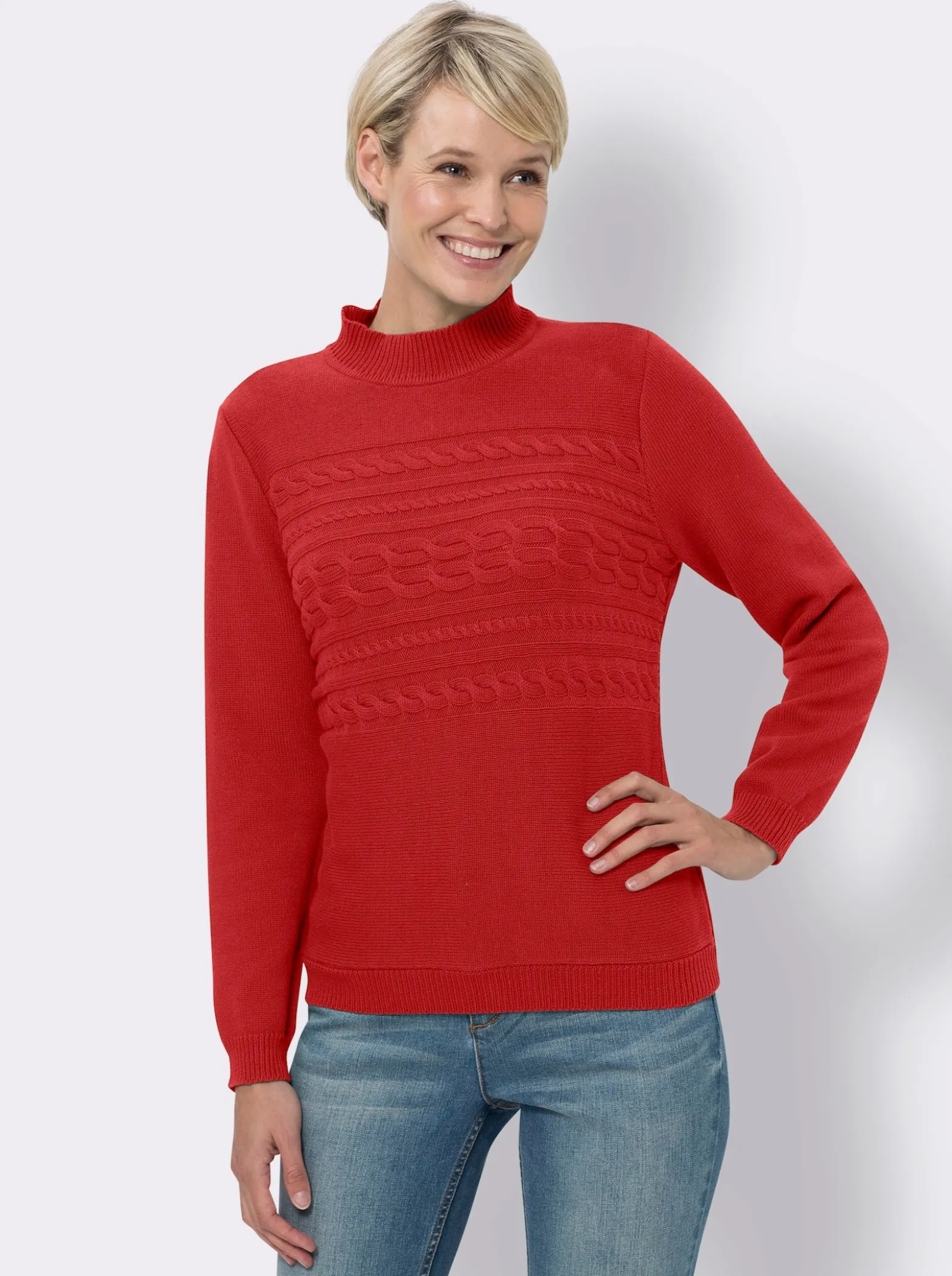 Stehkragenpullover mit Zopfmuster