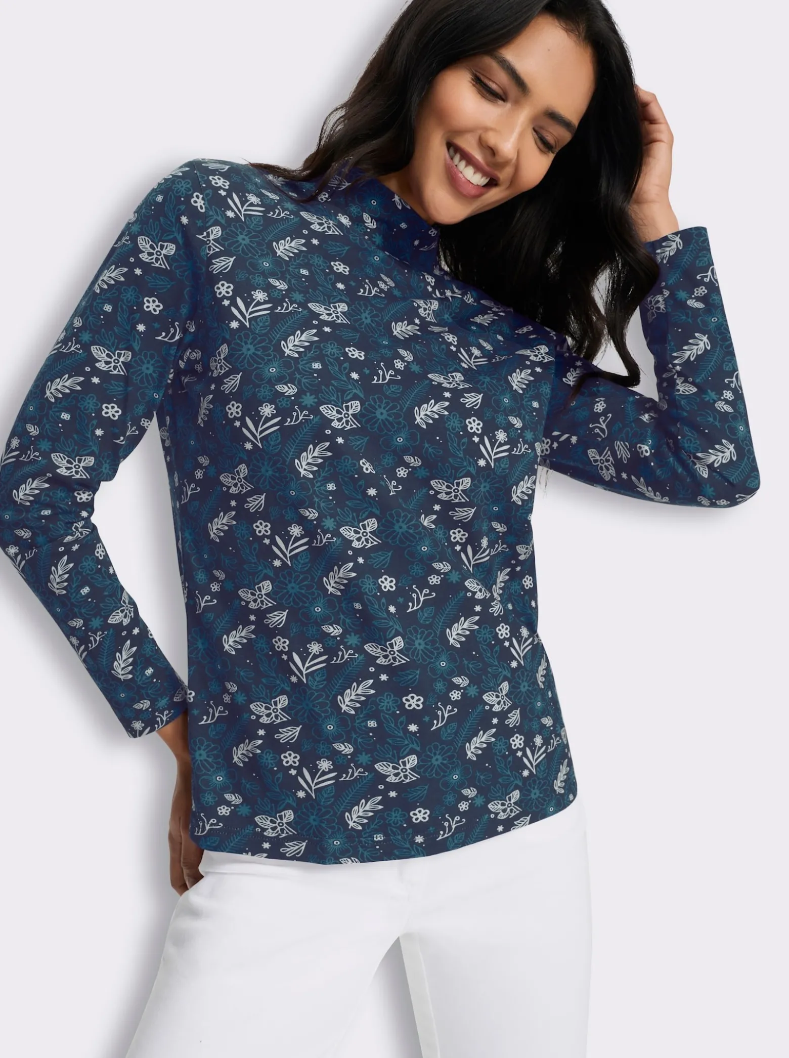 Stehkragenshirt im floralem Allover-Dessin