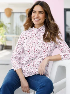 Stehkragenshirt in floralem Dessin
