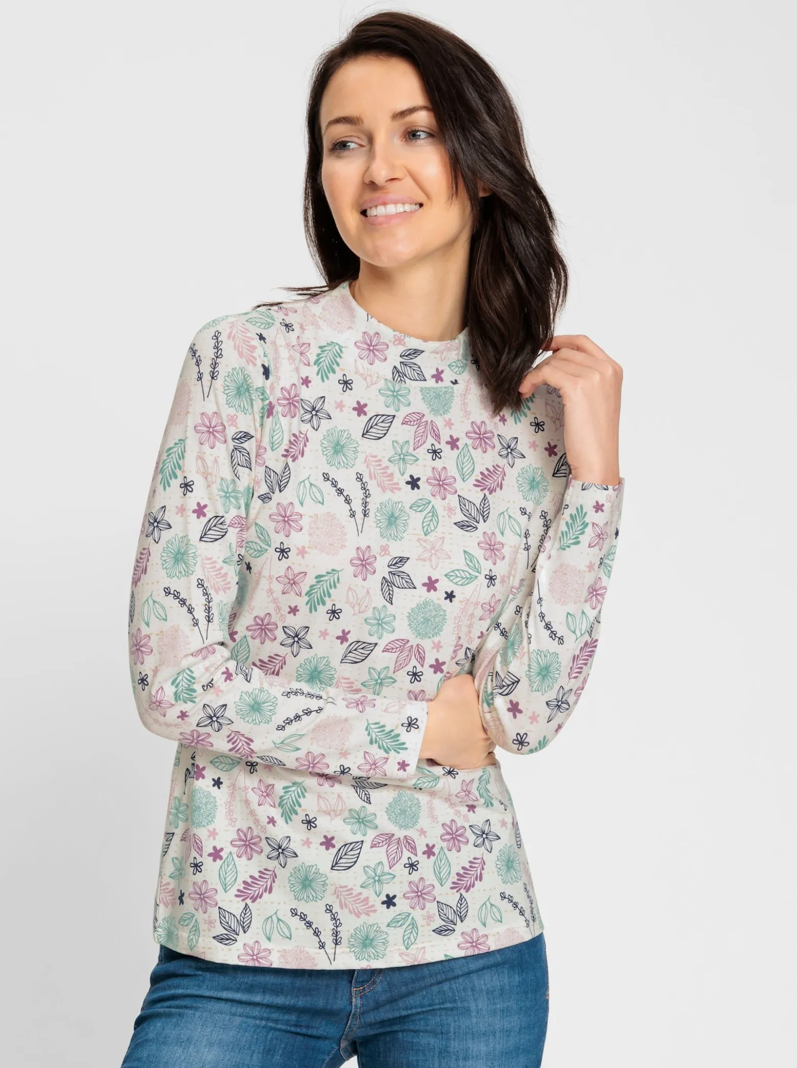 Stehkragenshirt Mit Blümchen-Dessin