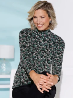 Stehkragenshirt mit Blumen-Druck allover