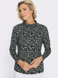 Stehkragenshirt mit Blumen-Druck allover