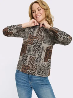 Stehkragenshirt mit Patchwork-Animal-Print