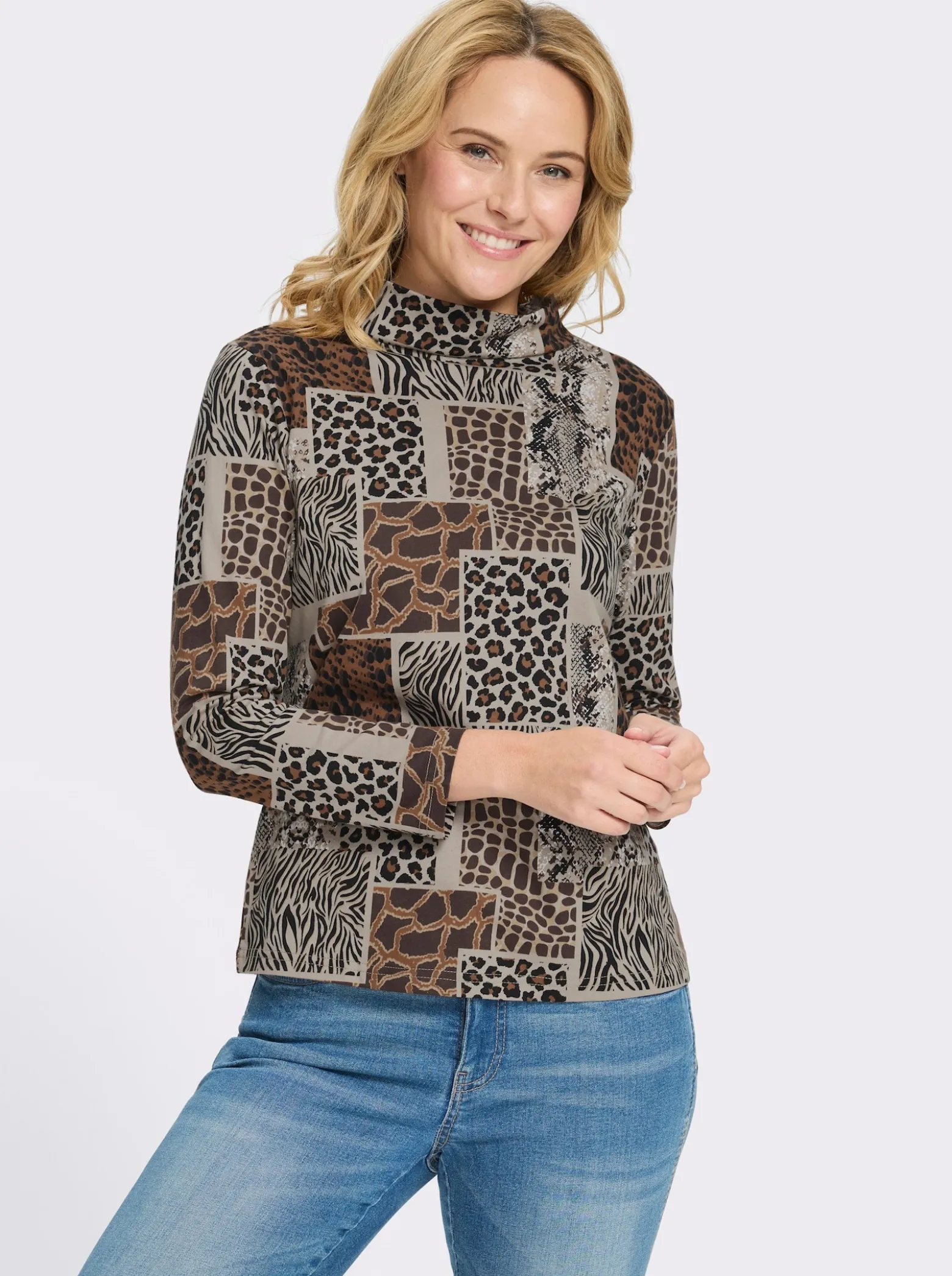 Stehkragenshirt mit Patchwork-Animal-Print