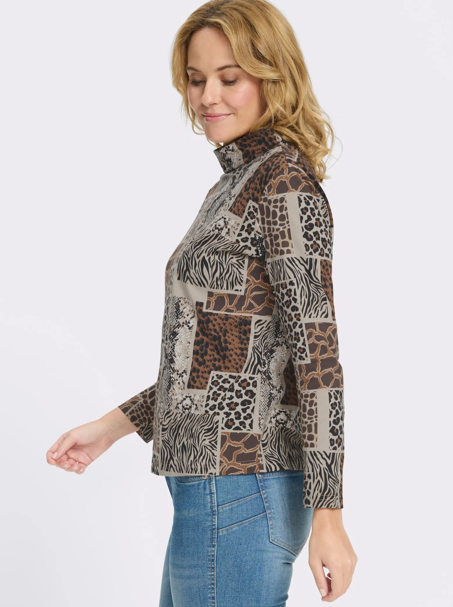 Stehkragenshirt mit Patchwork-Animal-Print
