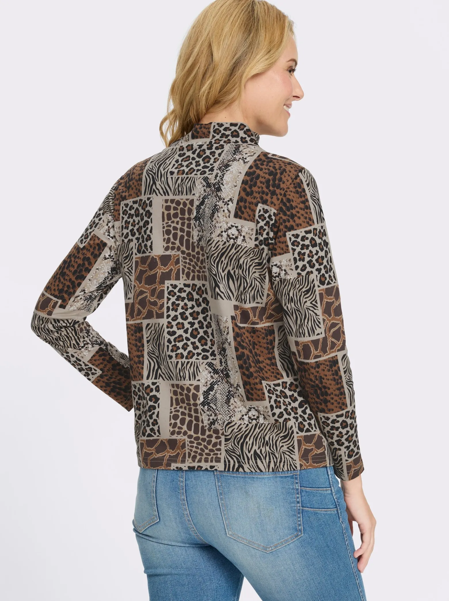 Stehkragenshirt mit Patchwork-Animal-Print