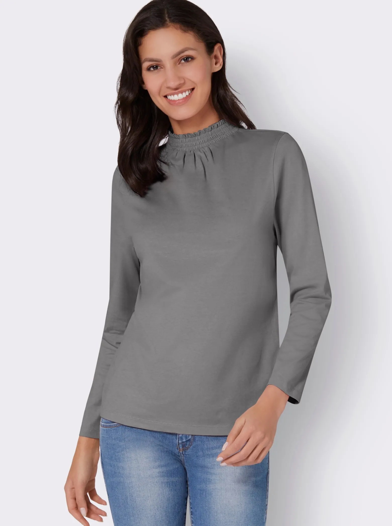 Stehkragenshirt mit Raffungen im Vorderteil