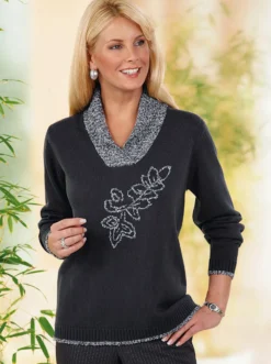 Strickpullover mit Blumen-Stickerei