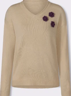 V-Ausschnitt-Pullover mit Blüten-Applikation