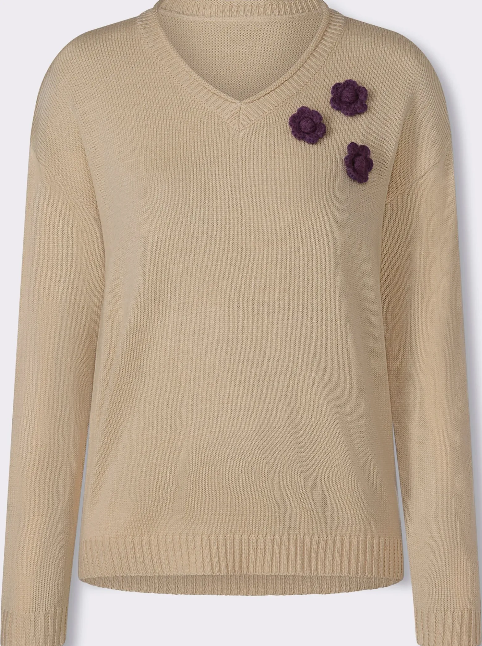 V-Ausschnitt-Pullover mit Blüten-Applikation