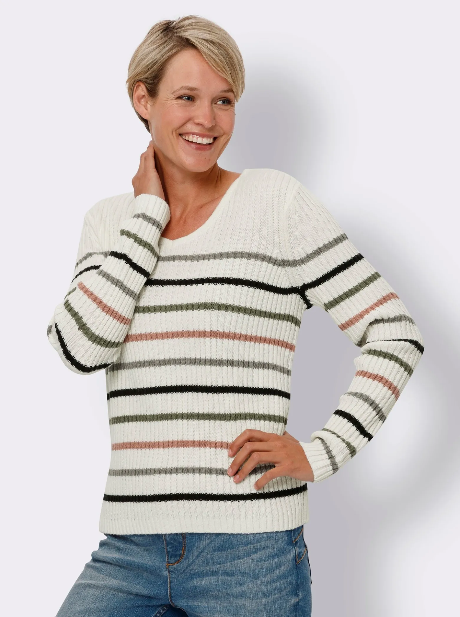 V-Ausschnitt-Pullover mit Ringeldessin