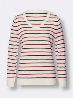 V-Ausschnitt-Pullover mit Ringel-Muster, pflegeleicht
