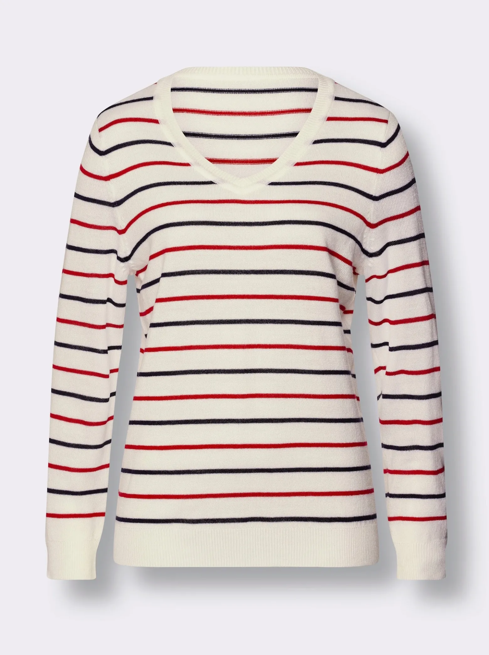 V-Ausschnitt-Pullover mit Ringel-Muster, pflegeleicht