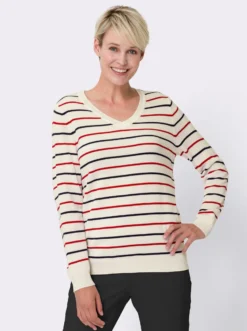 V-Ausschnitt-Pullover mit Ringel-Muster, pflegeleicht