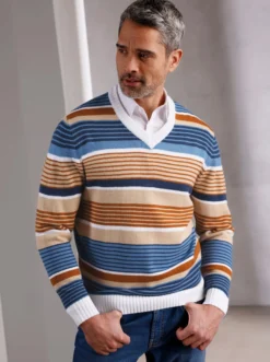 V-Ausschnitt-Pullover mit Ringel-Muster