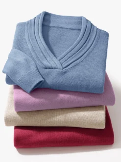 V-Ausschnitt-Pullover mit Rollkante