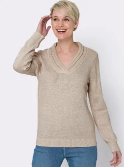 V-Ausschnitt-Pullover mit Rollkante