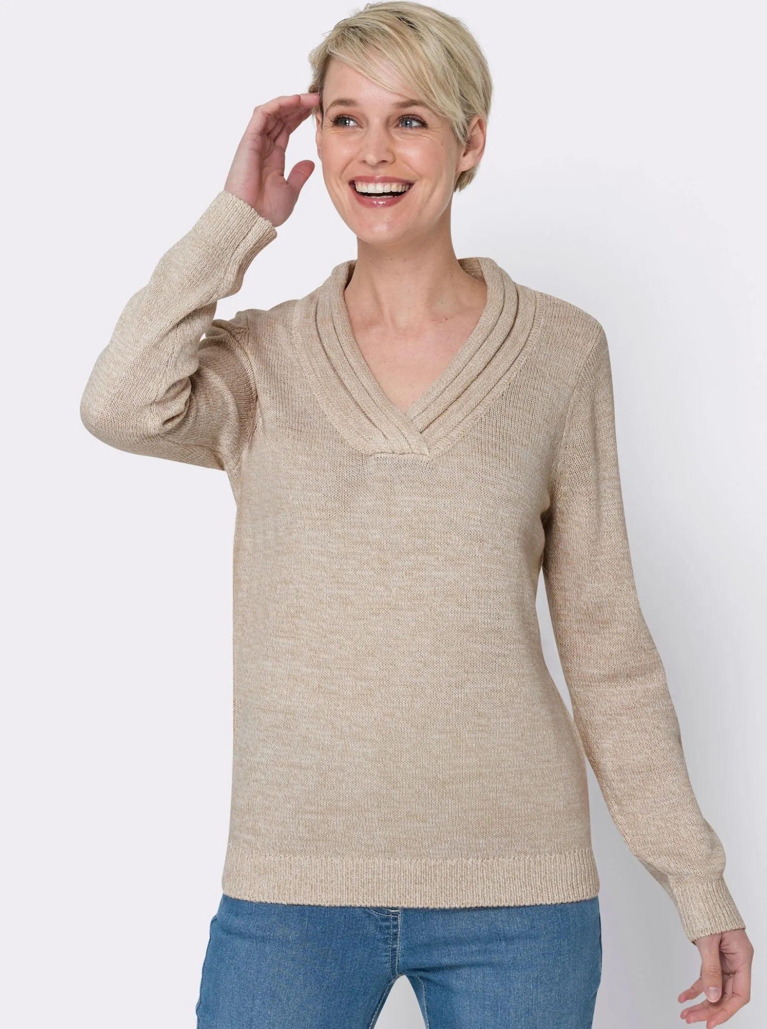 V-Ausschnitt-Pullover mit Rollkante