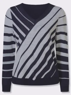 V-Ausschnitt-Pullover mit Streifen-Muster