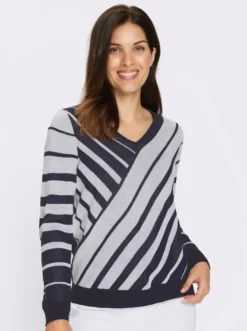 V-Ausschnitt-Pullover mit Streifen-Muster