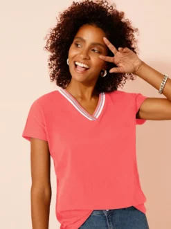V-Shirt mit gerippten Ringel-Akzenten