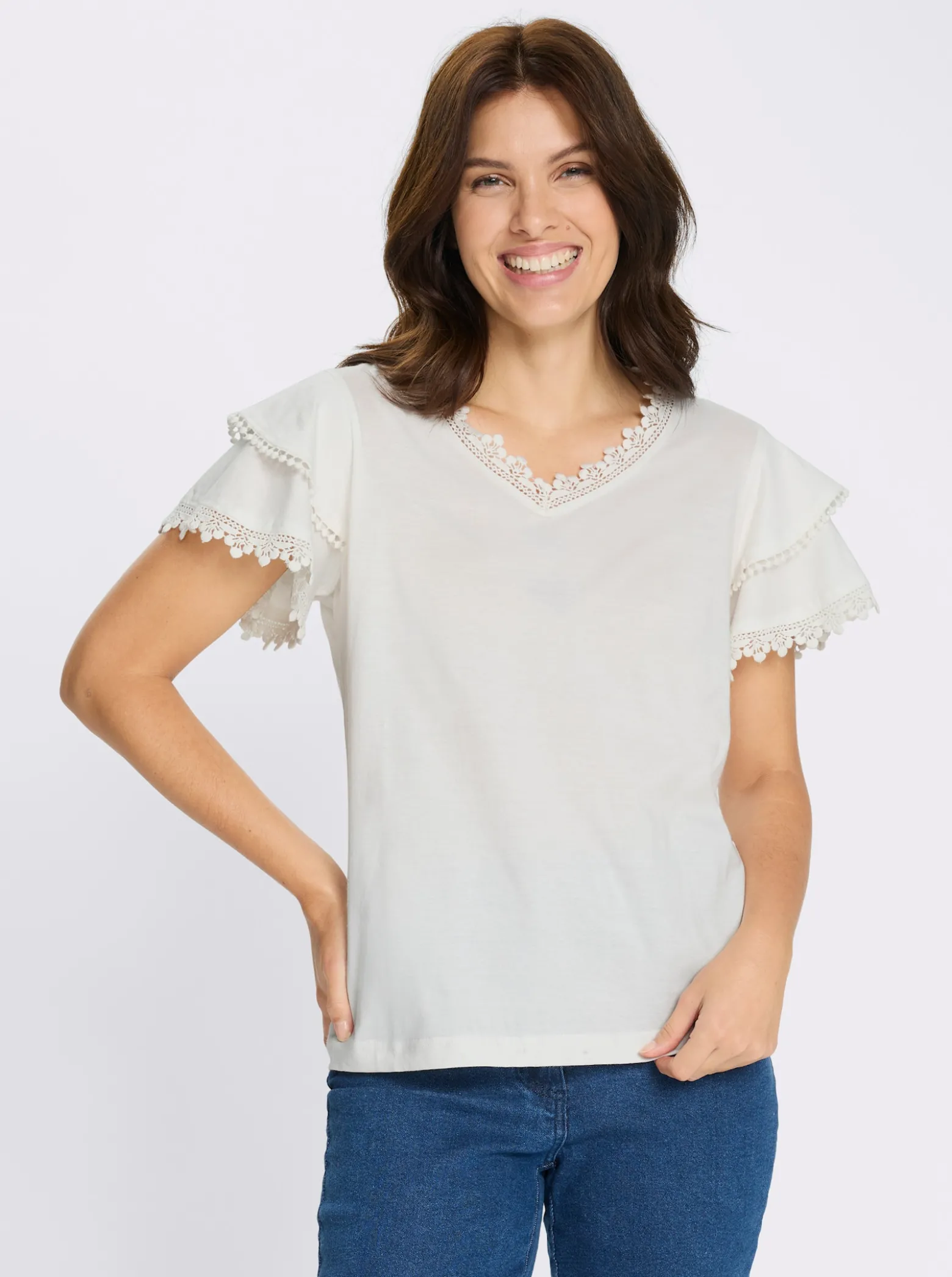 V-Shirt mit Spitzen-Details