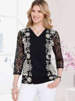 V-Shirt mit Spitzendruck